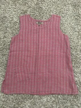 Flax 100% Linen Sleeveless Tank Top Striped Pink Pocket